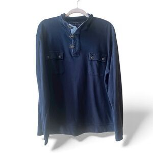 Mark Law Luxury Long Sleeve Polo Shirt Sz XL Unique Buckle Closure Blue Pockets‎